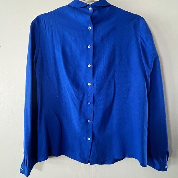 VTG Top Silk‎ Womens 4 Blue CHR 90s Cobalt Pleated Design Blouse Shirt Buttons - Picture 6 of 8